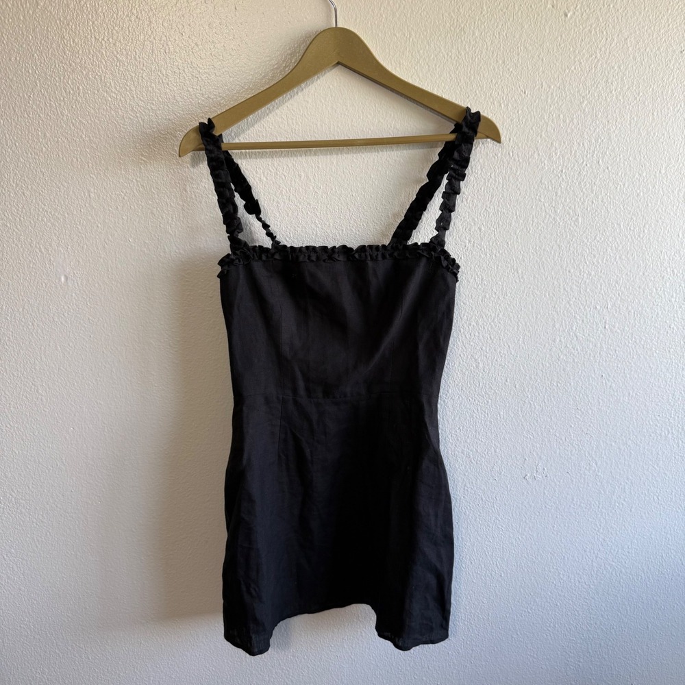 Reformation Size 2 Black Linen Mini Dress Ruffle Straps Party Neutral Minimalist
